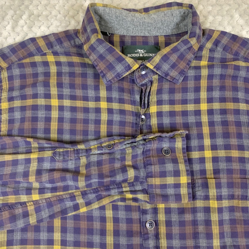 Rodd & Gunn Shirt Mens L Purple Yellow Plaid Sports Fit Cotton Button Down